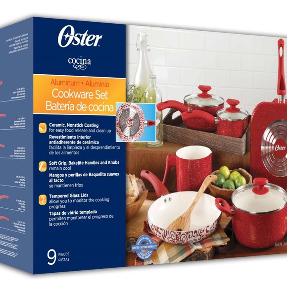 OSTER SAN JACINTO 9PC COOKWARE SET, RED SPECKLE, WHITE CERAMIC INTERIOR - Picture 9 of 9